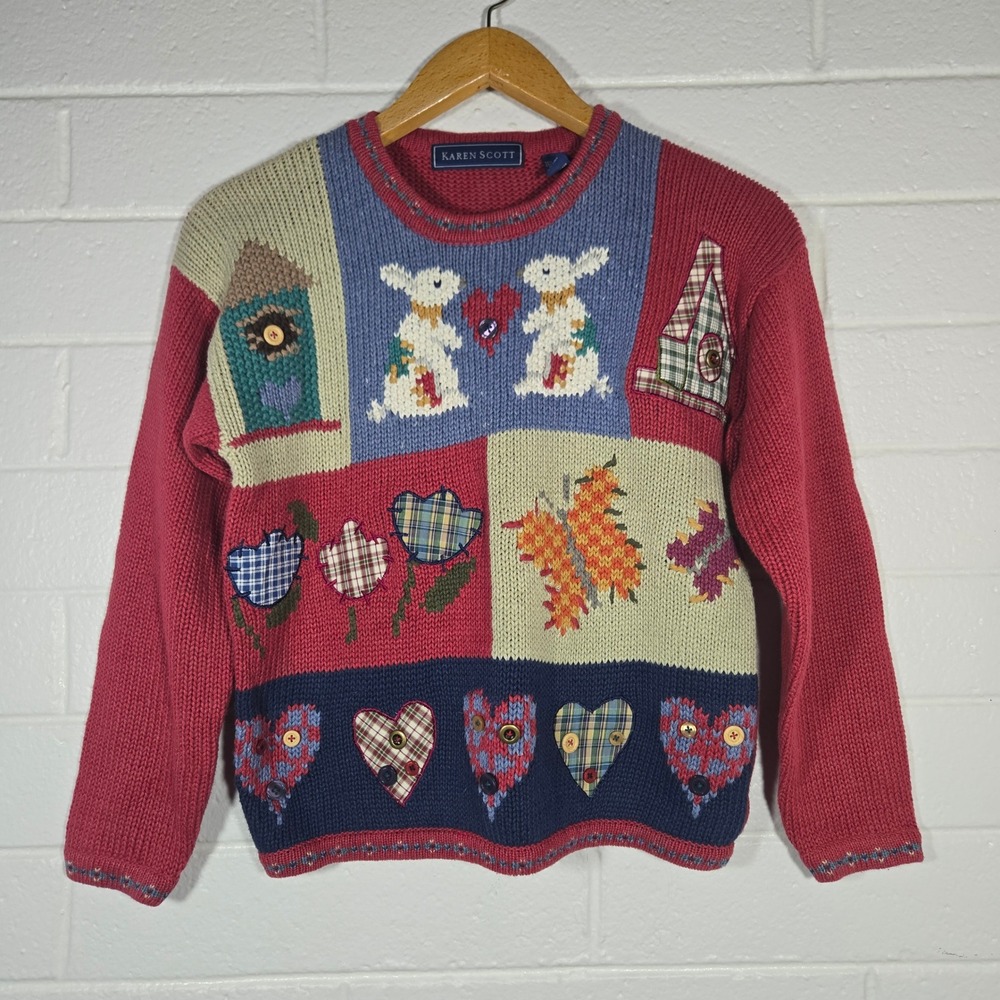 Vtg Easter Sweater Oversized Small Patchwork Rabbit Grandmacore Church Novelty